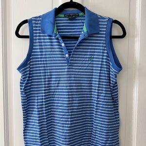 Ralph Lauren Blue & White Striped Golf Polo with Green Trim